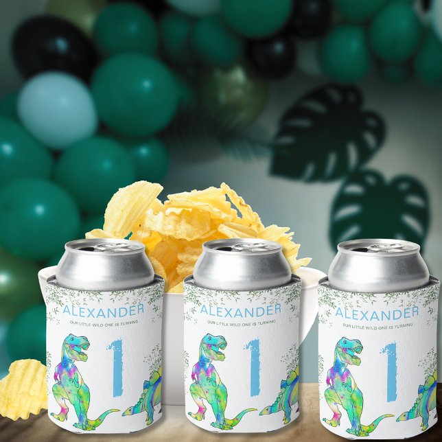 Wild One Dinosaur 1. Geburtstag Party Dosenkühler (Wild one dinosaur birthday party custom can coolers colorful watercolor T-Rex stegosaurus dino )