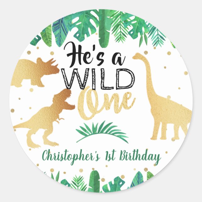 Wild One Dinosaur Boys 1. Geburtstag Runder Aufkleber (Vorderseite)
