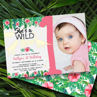 Wild One Dinosaur Girls 1. Geburtstag Foto Real Folieneinladung