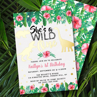 Wild One Dinosaur Girls 1. Geburtstag Real Folieneinladung