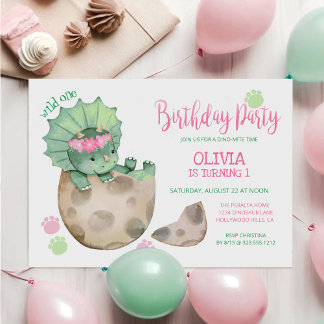 Wild One Dinosaur Triceratops Girl's 1st Birthday Einladung