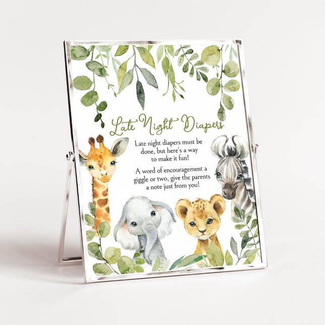 Wild One Dschungel Safari Spätabendtaucher Poster (Greenery Animals Baby Shower  Late Night Diapers Sign)
