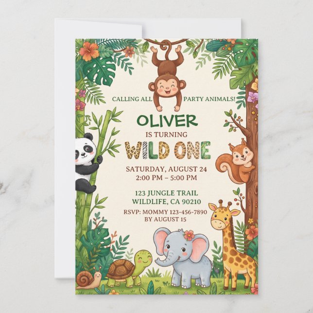 Wild One Dschungeltiere 1. Geburtstag Einladung (Vorderseite)