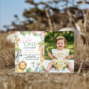 Wild One Dschungeltiere Rosa Florale Geburtstagsfo Einladung