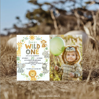 Wild One Dschungeltiere Safari 1. Geburtstagsfoto Einladung