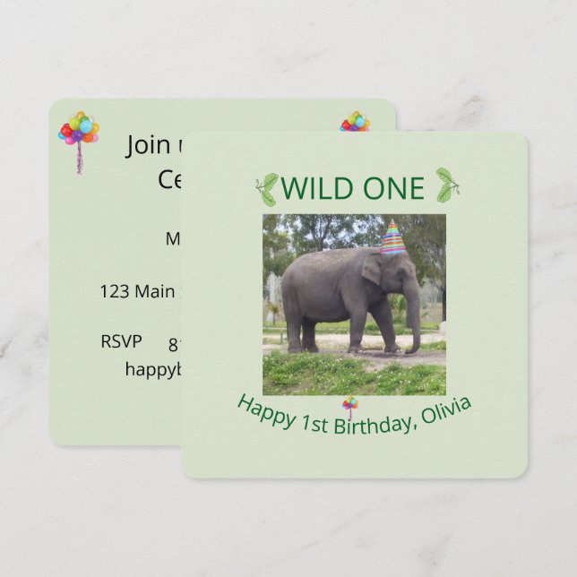 Wild One Elephant Birthday Party Invite Design Einladung (Vorne/Hinten)