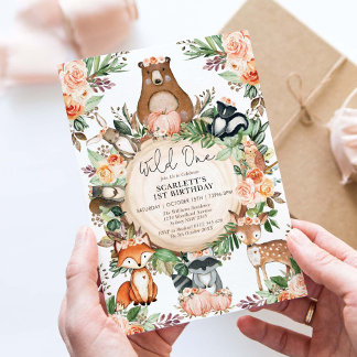Wild-One-Fall-Floral-Waldtiere 1. Geburtstag Einladung