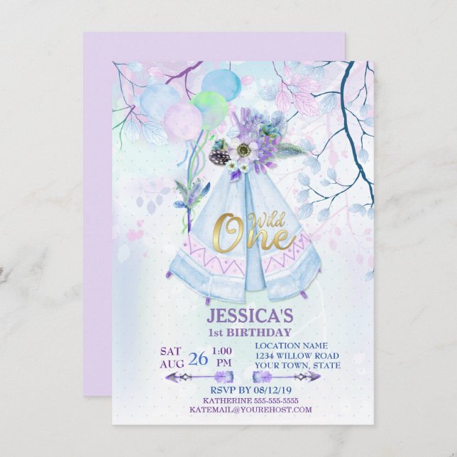 Wild One First Birthday Blue TeePee Boho Einladung (Vorne/Hinten)