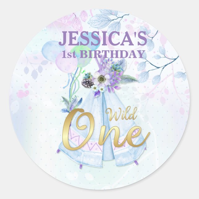 Wild One First Birthday Blue TeePee Boho Runder Aufkleber (Vorderseite)