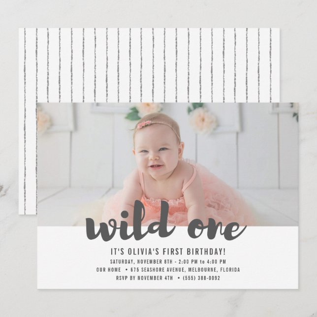 Wild One First Birthday Foto Party Einladung (Vorne/Hinten)