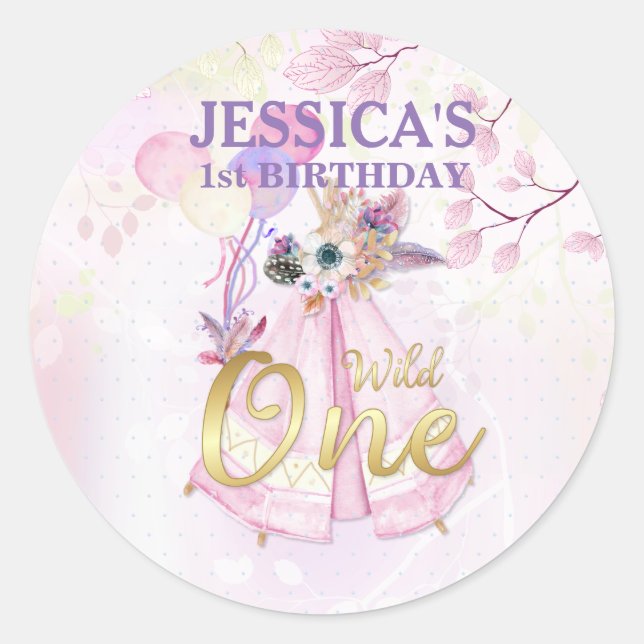 Wild One First Birthday Pink TeePee Boho Runder Aufkleber (Vorderseite)