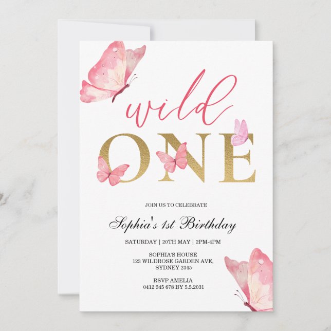 Wild One Floral Butterfly First Birthday Party  Einladung (Vorderseite)