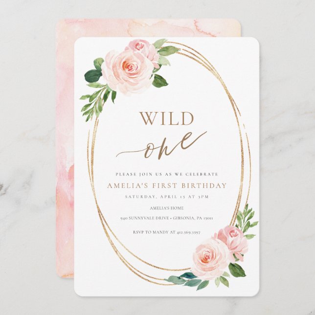 Wild One floral First Birthday Invitation Girl Einladung (Vorne/Hinten)