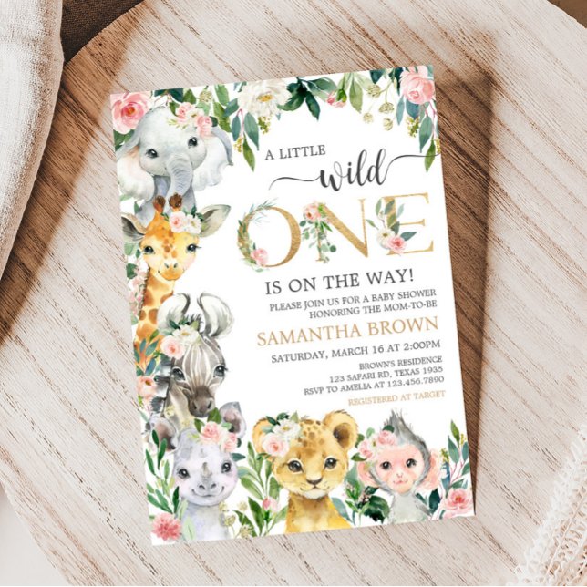Wild One Floral Safari Baby Dusche Einladung (Greenery Floral Wild One Baby Shower Invitation)