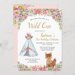 Wild One Fox Tribal Floral 1. Geburtstag Einladung