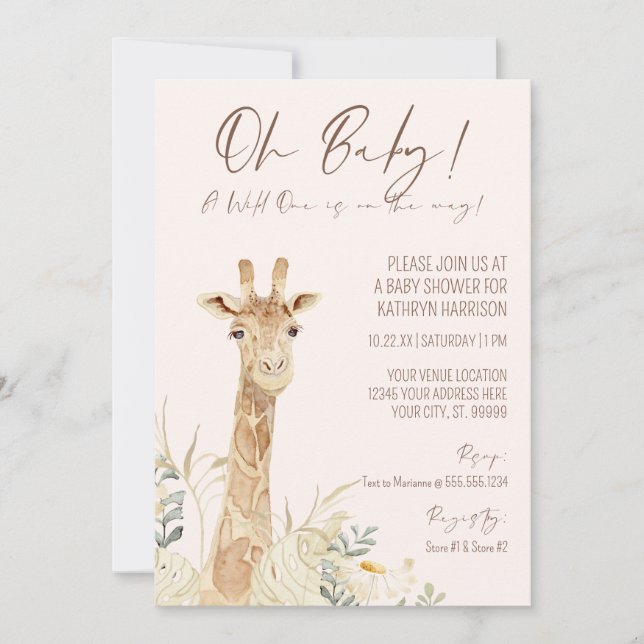 Wild One Giraffe Blush Floral Gender Neutral Baby Einladung (Vorderseite)