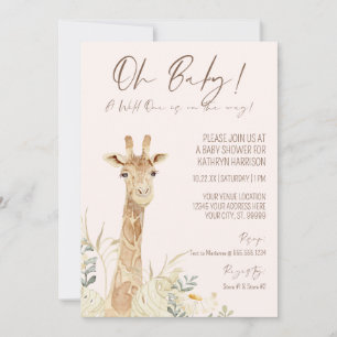 Wild One Giraffe Blush Floral Gender Neutral Baby Einladung