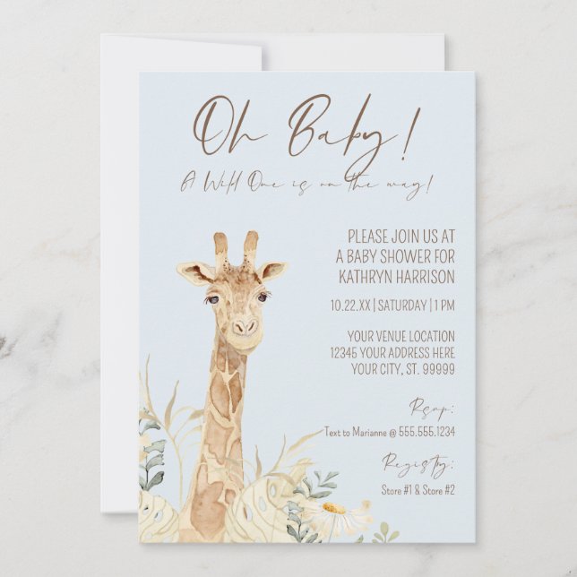 Wild One Giraffe Floral Pastel Blue Boy Baby Invit Einladung (Vorderseite)