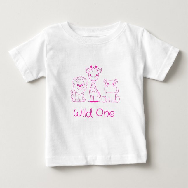 "Wild One" Giraffe, Löwe, Hippo Pink Kontur Baby T-shirt (Vorderseite)
