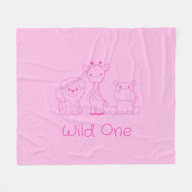 "Wild One" Giraffe, Löwe, Hippo Pink Kontur Fleecedecke (Vorderseite (Horizontal))