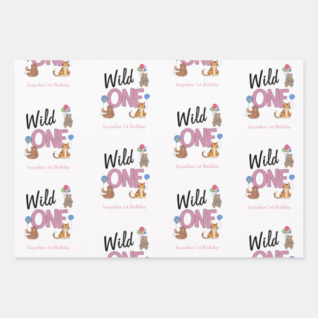 Wild One Girl First Birthday Safari Jungle Animals Geschenkpapier Set (Vorderseite)