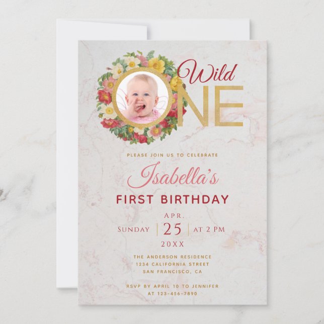 Wild One Girl Foto in Rose Wreath Erster Geburtsta Einladung (Vorderseite)