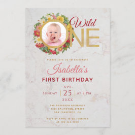 Wild One Girl Foto in Rose Wreath Erster Geburtsta Einladung