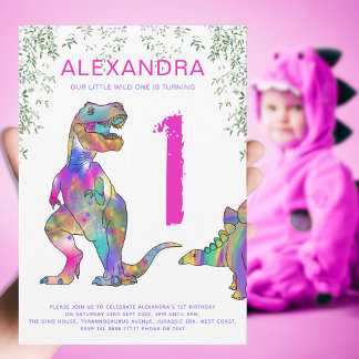 Wild One Girls T Rex 1. Geburtstag Party Einladung