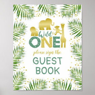 Wild One Gold Safari Baby Shower Guest Book Sign Poster