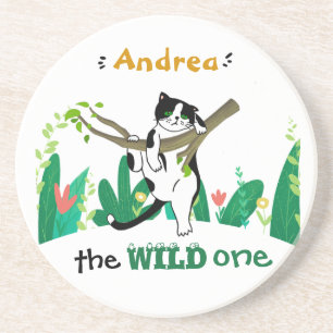 Wild One Greenery Safari Kitty Cat Kindergeburtsta Getränkeuntersetzer