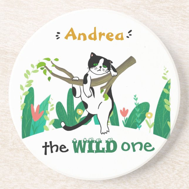 Wild One Greenery Safari Kitty Cat Kindergeburtsta Getränkeuntersetzer (Vorne)