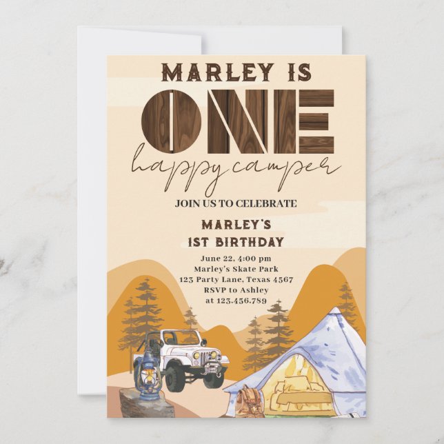 Wild One Happy Camper Woodland 1. Geburtstag Einladung (Vorderseite)