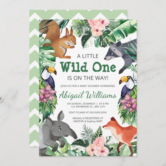 Wild One - Jungle Animals Baby Shower Einladung (Vorne/Hinten)