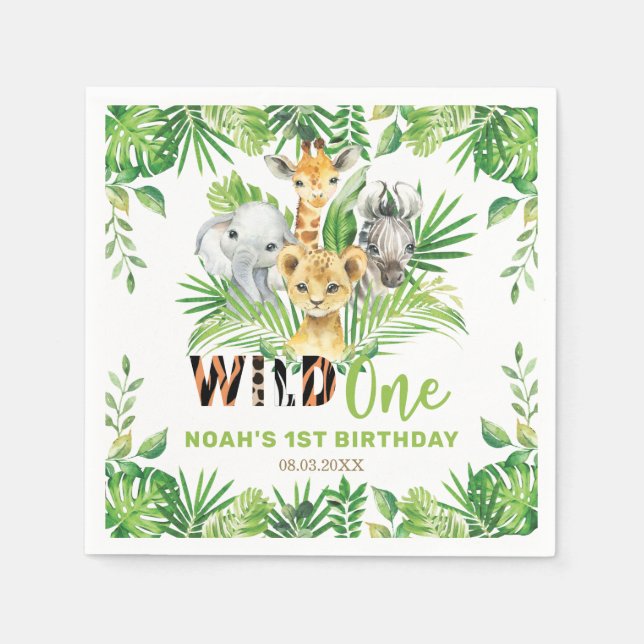 Wild One Jungle Animals Greenery 1. Geburtstag Serviette (Vorderseite)