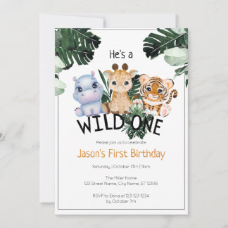 Wild One Jungle Animals & Greenery Geburtstagskart Einladung