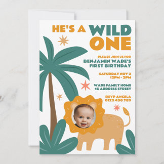 Wild One Jungle Baby Boy Foto 1. Geburtstag Einladung