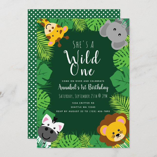 Wild One Jungle Critters Kindergeburtstag Einladung (Vorne/Hinten)