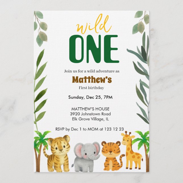 Wild One Jungle First Birthday Invitation Einladung (Vorderseite)