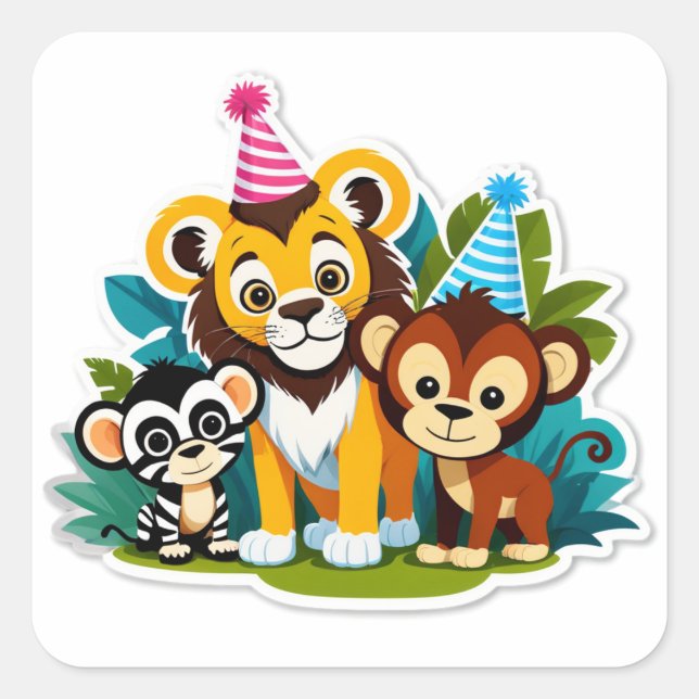 Wild One – Jungle Friends Birthday Bash Quadratischer Aufkleber (Vorderseite)