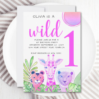 Wild One Jungle Greenery Girl's 1. Geburtstag Part Einladung