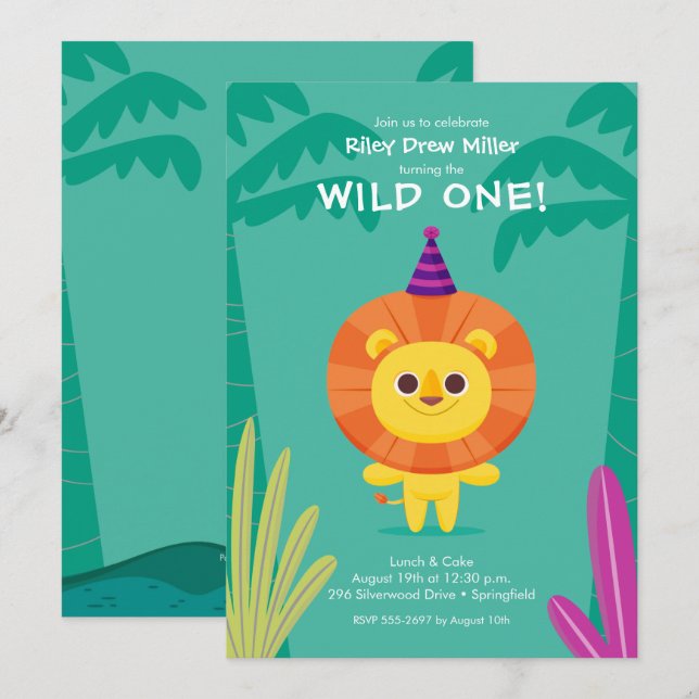 Wild One Jungle Lion Birthday Einladung (Vorne/Hinten)