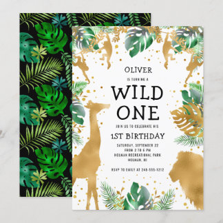 Wild One Jungle Safari 1. Geburtstag Gold Green Einladung