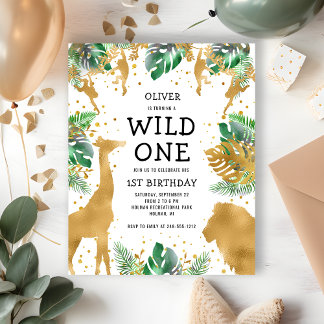 Wild One Jungle Safari 1. Geburtstag Gold Green Einladungspostkarte