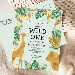 Wild One Jungle Safari 1. Geburtstag Grün Einladungspostkarte