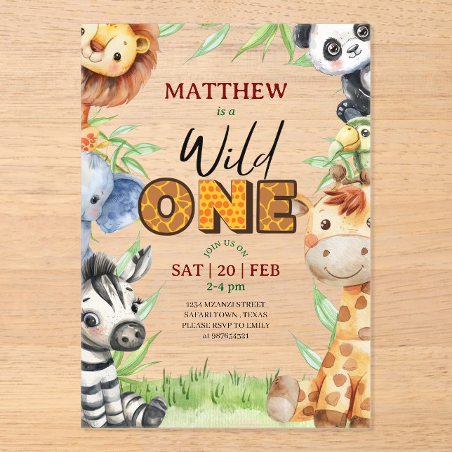Wild One Jungle Safari 1st birthday Invitation Acryleinladungen (Vorderseite)