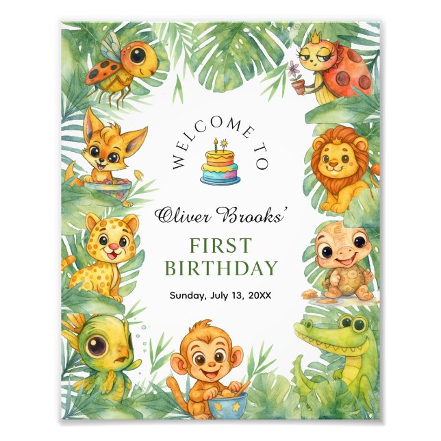 Wild One Jungle Safari 1st Birthday Party Sign Fotodruck (Vorne)
