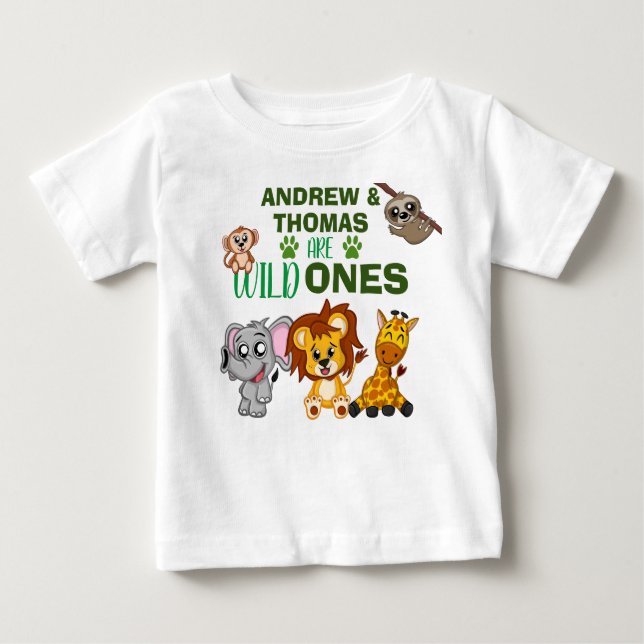 Wild One Jungle Safari Animal Twins Erster Geburts Baby T-shirt (Vorderseite)