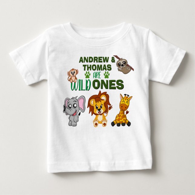 Wild One Jungle Safari Animal Twins Erster Geburts Baby T-shirt (Vorderseite)