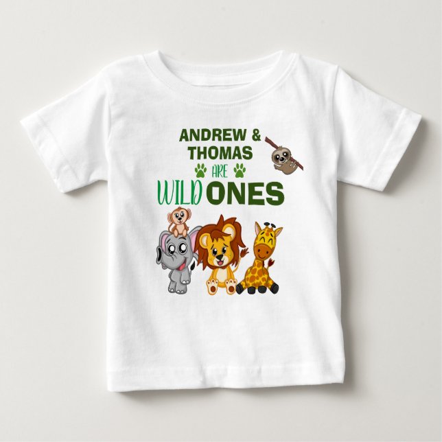 Wild One Jungle Safari Animal Twins Erster Geburts Baby T-shirt (Vorderseite)