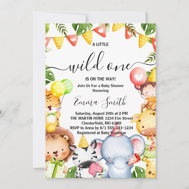 Wild One Jungle Safari Animals Baby Shower Invitat Einladung (Vorderseite)